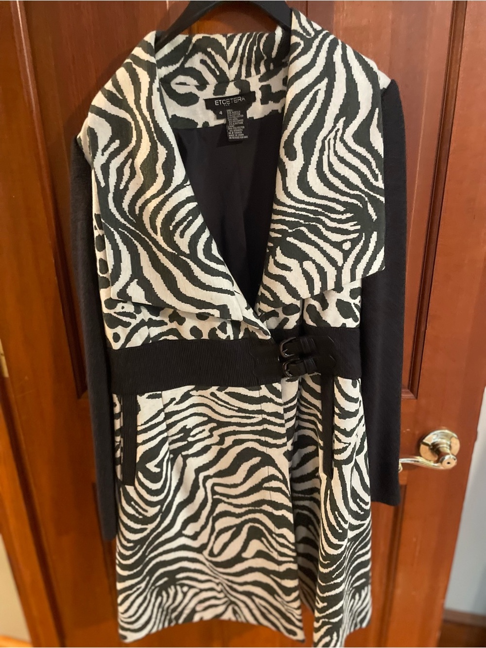 Etcetera Black and White Zebra Knit Coatigan with Shawl Collar